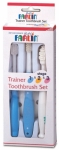 Tři speciální kartáčky pro jednotlivé fáze péče o první zoubky. 
1. fáze (4-9 měsíců) - kartáček z jemné gumy, který pomáhá ulevit dásním při růstu prvních zoubků. Je vybaven bezpečnostním kroužkem zabraňujícím jeho strčení do jícnu.  
2. fáze (8-14 měsíců) - kartáček z jemné gumy efektivně odstraňuje mezizubní plak a zubní kámen; ideální jako první kartáček k trénování čištění. 
3. fáze (od 12 měsíců) - jemná vlákna kartáčku neporaní dětské dásně, přitom jsou ale efektivní při čištění mezizubního plaku a zaubního kamene.
Barevné provedení: Modrá.